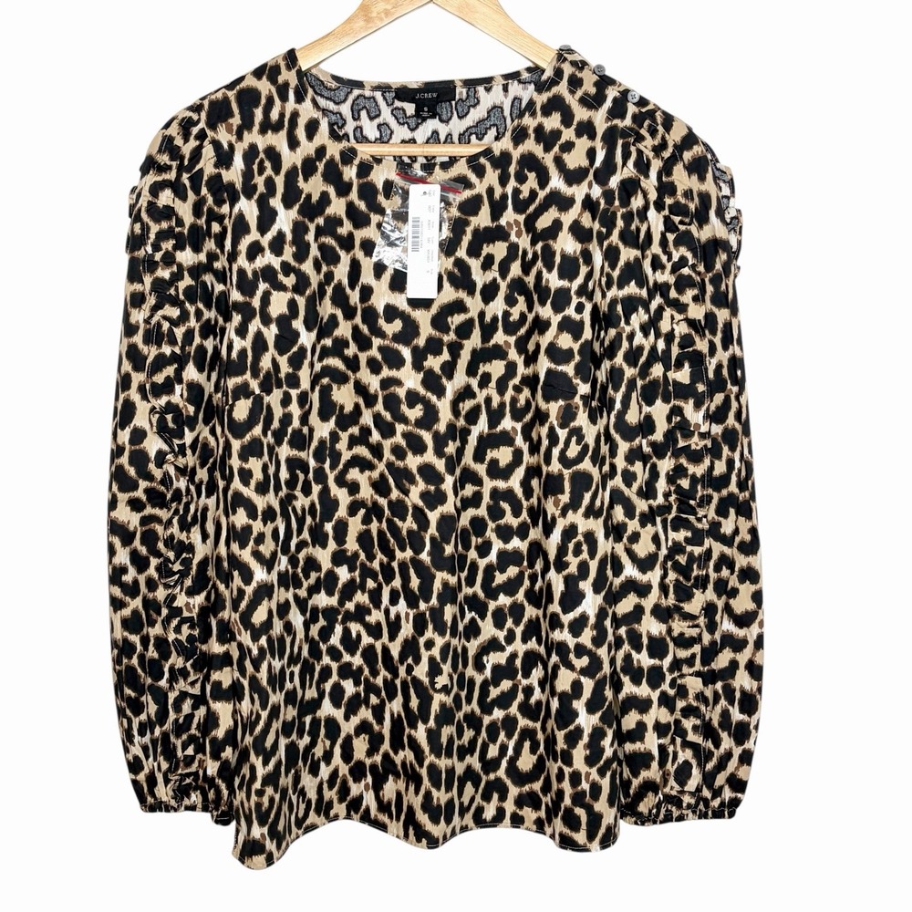 J Crew Leopard Ruffled Poplin Top Womens Small Animal Print Career Office Work